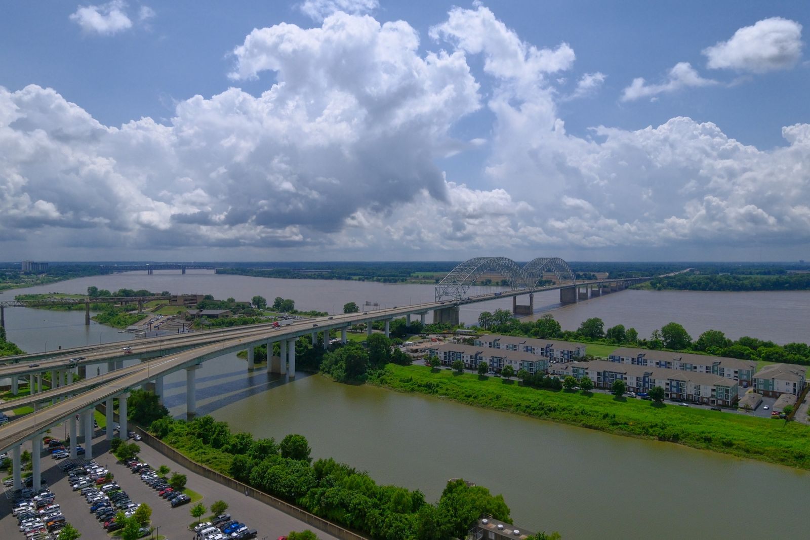 Aerial view of the Hernando de Soto Bridge over the Mississippi at Memphis, the northern end of a Mississippi river cruise from Memphis