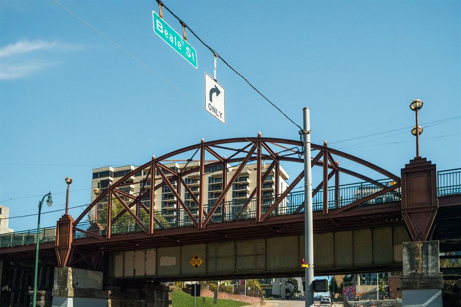 Old steel bridge and high-rise buildings at the foot of Beale Street in Memphis